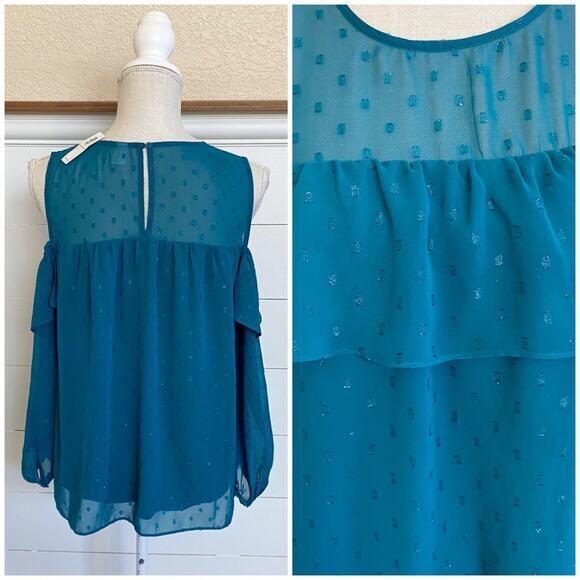 Old Navy Fairycore Glam Glitter Dot Cold Shoulder Blouse Deep Turquoise Blue- M - Picture 4 of 8